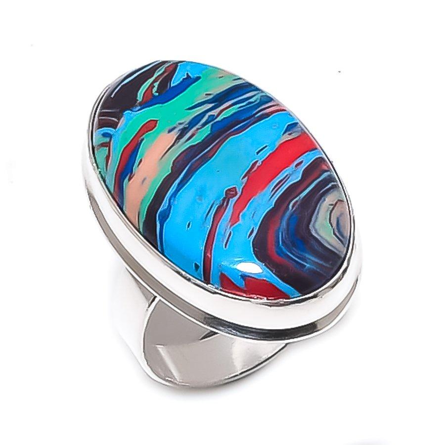 

Rainbow Calsilica Gemstone Handmade 925 Sterling Silver Ring Size 8.5 m1Z21