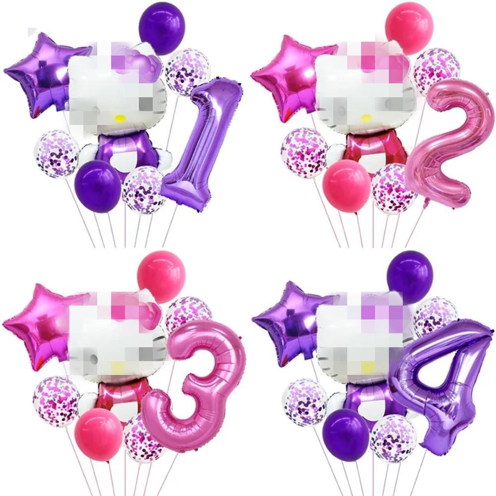 Cartoon Cat Pink Purple Rose Red Digital Bow Aluminum Film Balloon Baby Birthday Background Decoration Party