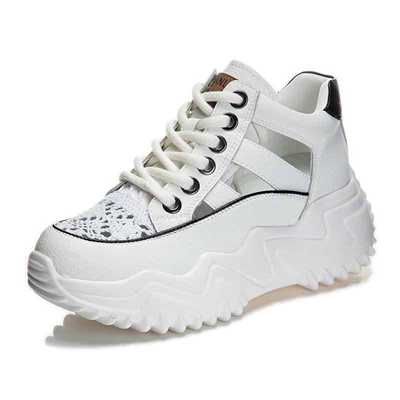 Inner height daddy shoes women's new summer breathable leather hollow casual sneakers platform sandals