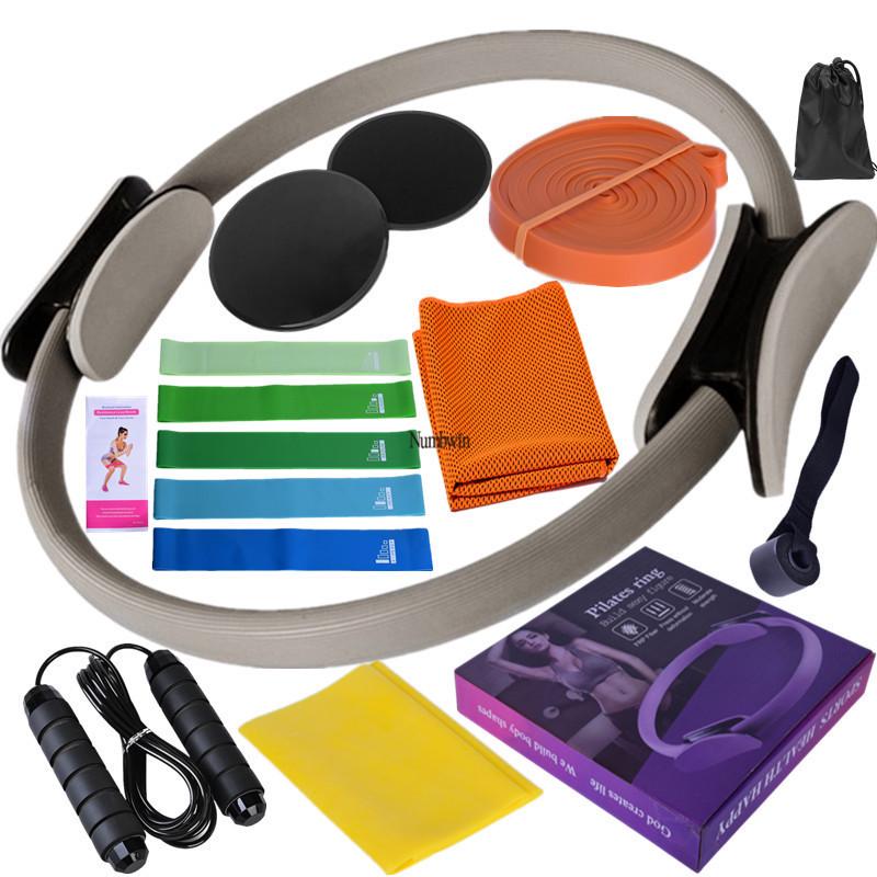 Fünfzehnteiliges Fitness-Set: Latex-Widerstandsbänder, Kühlhandtuch, Gleitscheiben, 3m Springseil, Pilates-Ring.