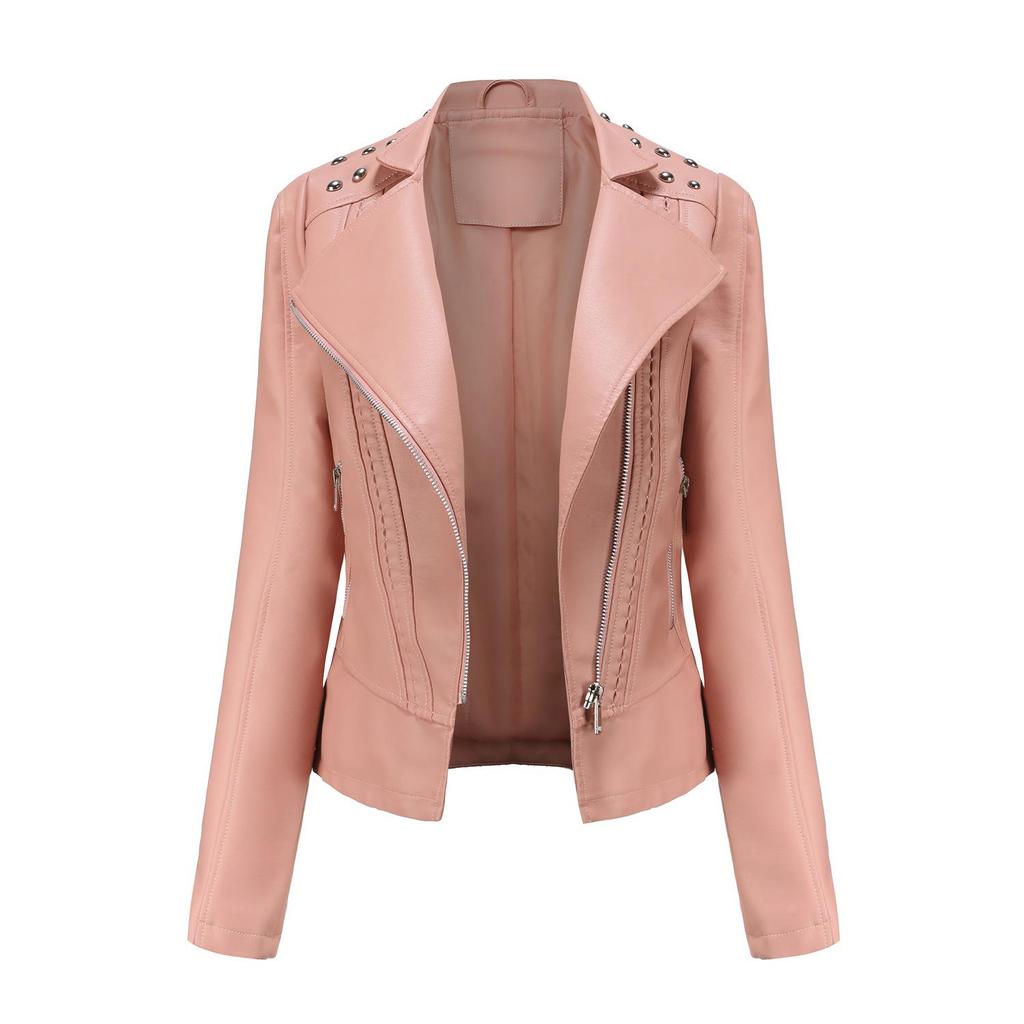 European Women's Beaded Leather Motorcycle Jacket - Long Sleeve, Lapel, Thin Fashion for Spring and Autumn 2023