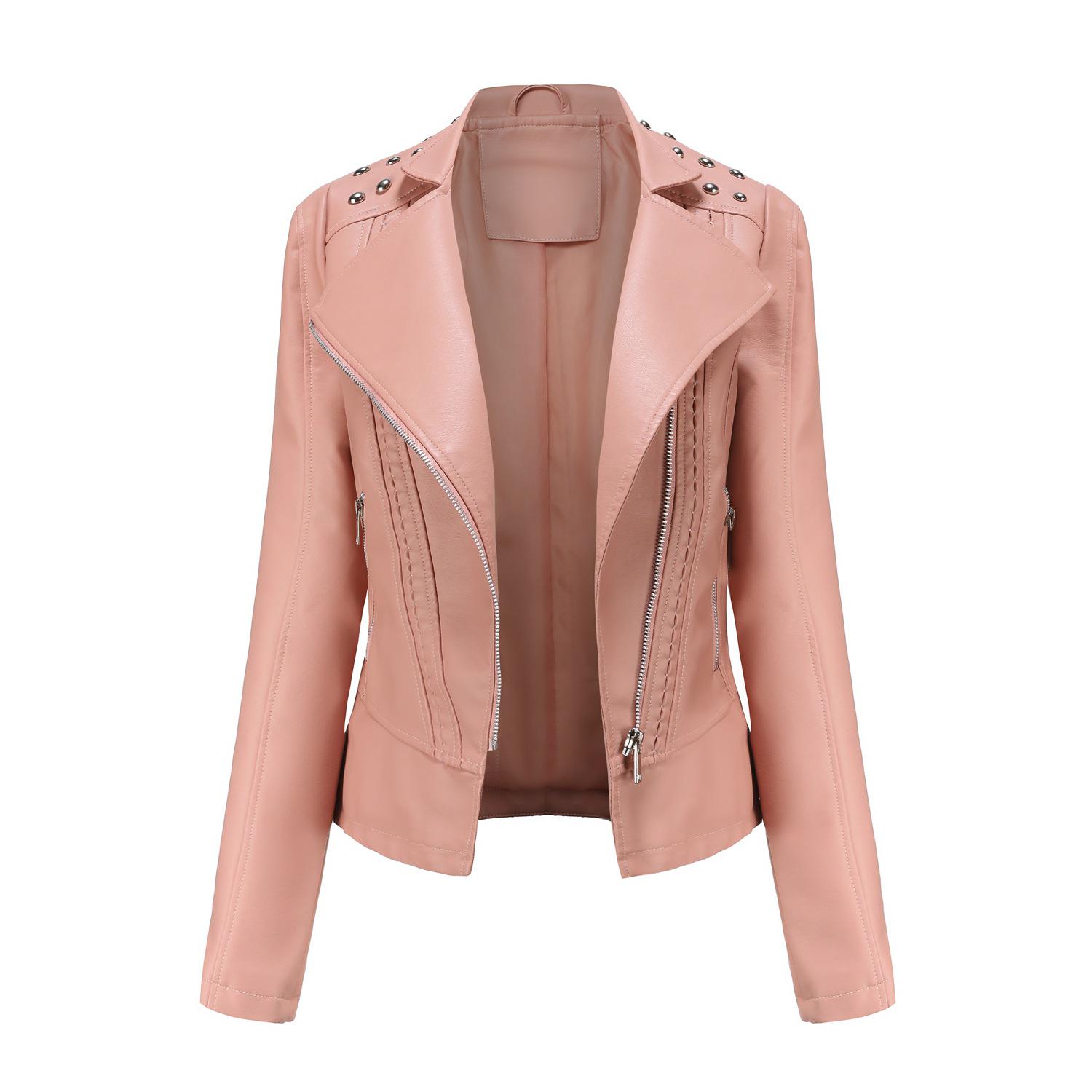 

European Women s Beaded Leather Motorcycle Jacket - Long Sleeve, Lapel, Thin Fashion for Spring and Autumn 2023 Small рожевий