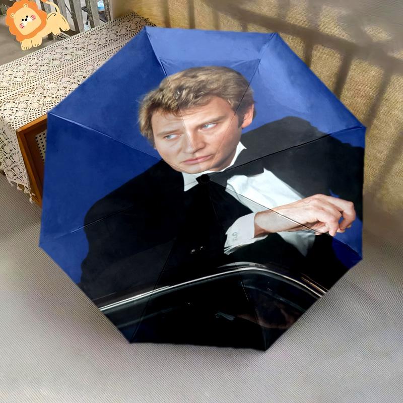 1pc Johnny Hallyday Pattern Umbrella Portable Folding Umbrella Iron Frame Hole Bone Structure Outdoor Home Umbrella