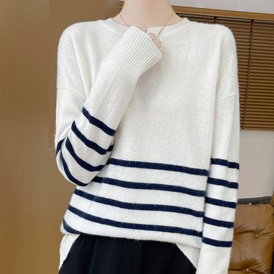 Women's Striped Wool Sweater, 2024 Autumn-Winter, Loose Fit, Round Neck, Long Sleeve Knit Top