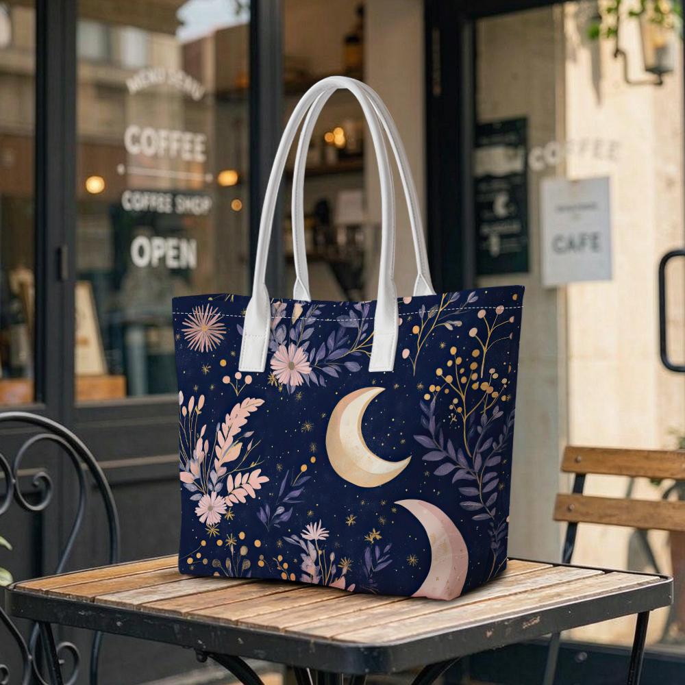 Moon Floral Casual Tote Bag for Daily Use Portable Handbag Fashion Shopping Bag for Women