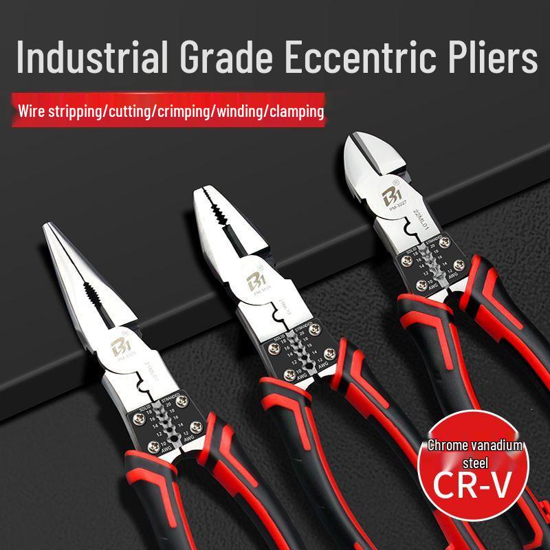 Industrial Grade Multi-Functional Wire Cutter Set: 8" Needle-Nose Pliers, 6" Diagonal Cutters, and Electrician's Snips.