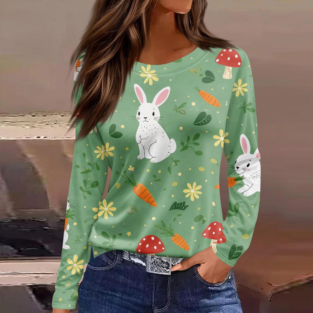 Women's Fashion Casual Slit Hem Round Neck Long Sleeve Loose Printed T-Shirt Ladies Top