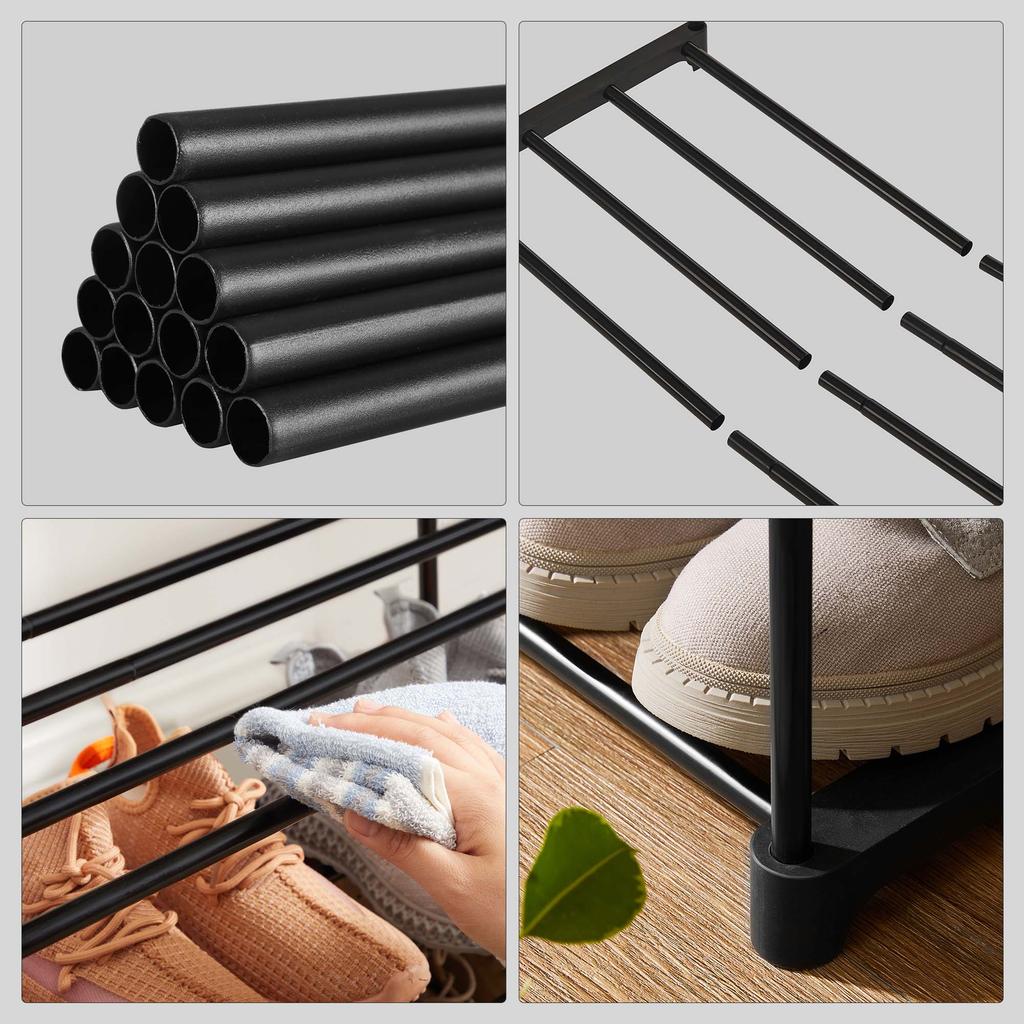 SONGMICS 3-Shelf Shoe Rack, Metal Shoe Storage Organiser, Easy to Assemble, 12 to 15 Pairs Shoes, Stackable Shoe Shelf for Closet, Entryway, Black