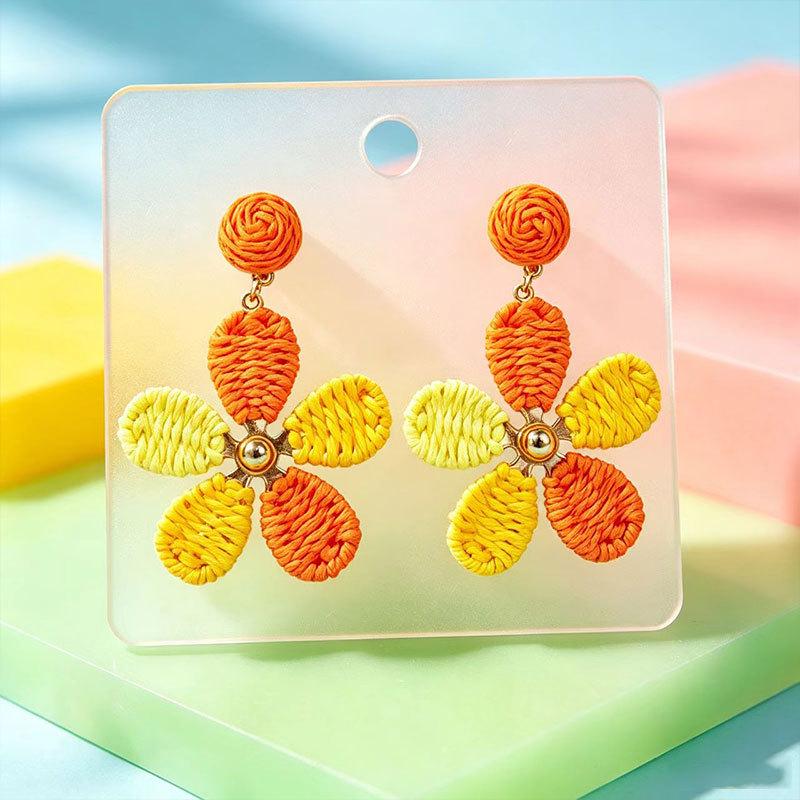 Dopamine Flower Woven Earrings: Summer Beach Raffia Studs for Women