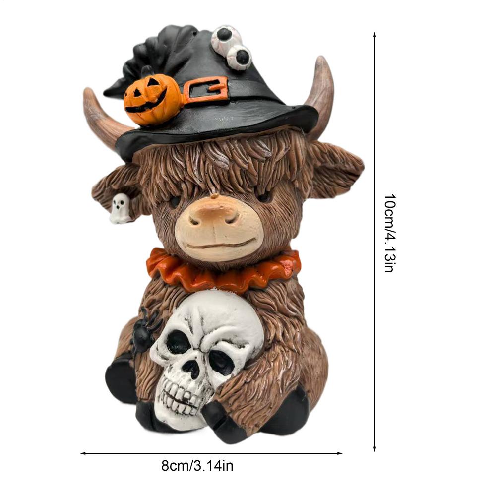 Halloween Highland Cattle Statue Resin Figurine Brown Cattle Statue Spider Pumpkin Highland Cow Figurines Table Shelf Decor