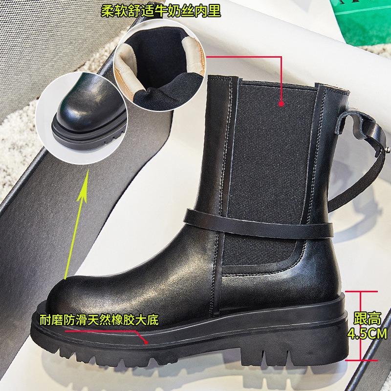 Boots Women's Winter New Leather Cigarette Boots Medium Boots Women's Chelsea Fleece Martin Boots
