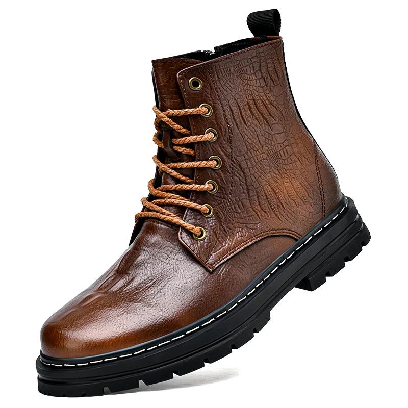 Moda Pelle Screpolata Stivali Denim Stringati da Uomo Vera Pelle Scarpe Casual Inverno Velluto Stivali da Moto Fondo Spesso Stivali Caldi da Uomo