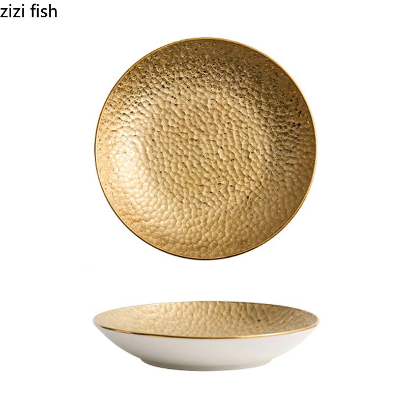 Assiette en céramique à texture martelée créative, assiette à salade, assiette à pâtes, plat à sashimi, assiettes profondes, vaisselle de présentation de cuisine moléculaire d'hôtel
