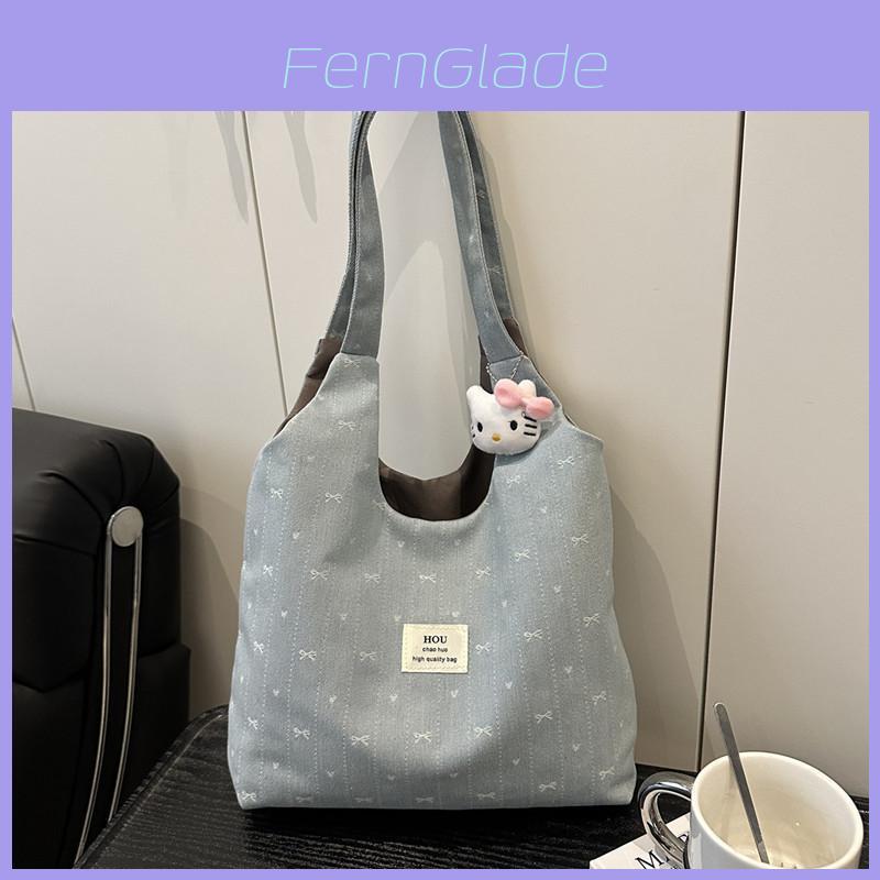Denim Canvas Tote Bag With Butterfly Bow Design Small Casual For Daily Use