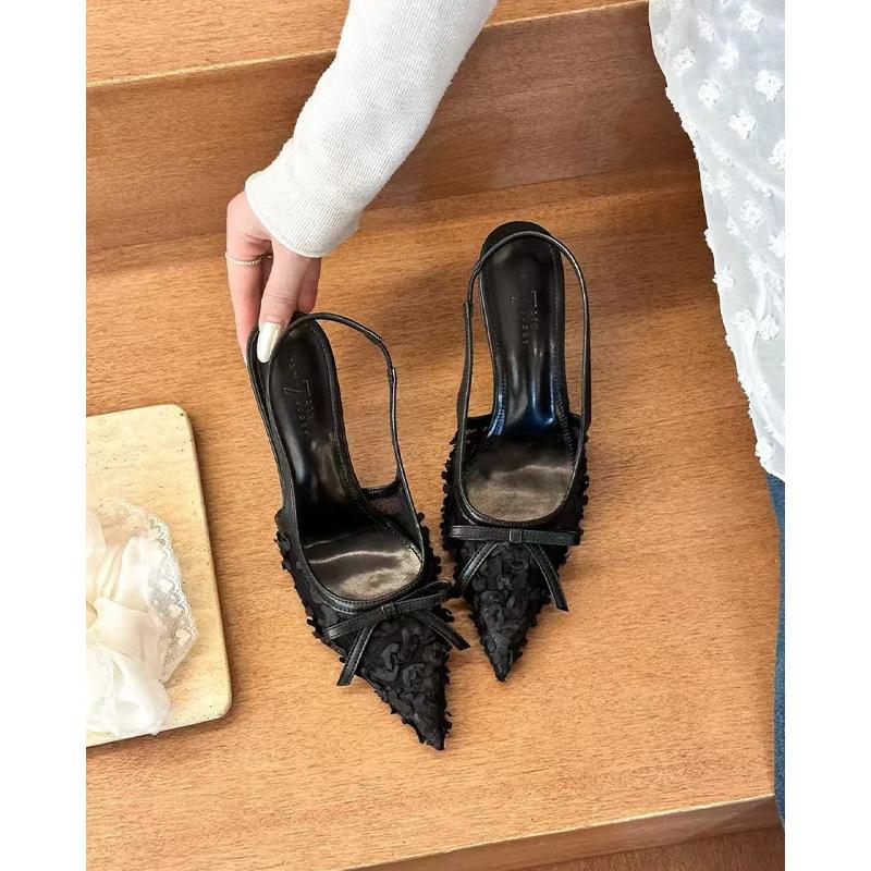 Flower mesh pointed stiletto heels women's 2025 spring new niche back empty sandals