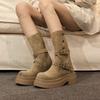 Stivali Western da Cowboy Chunky da Donna Moda Piattaforma Pieghettati Stivali a Mezza Gamba Primavera Autunno Nuova Donna Vintage Tacco Medio Stivale Comodo