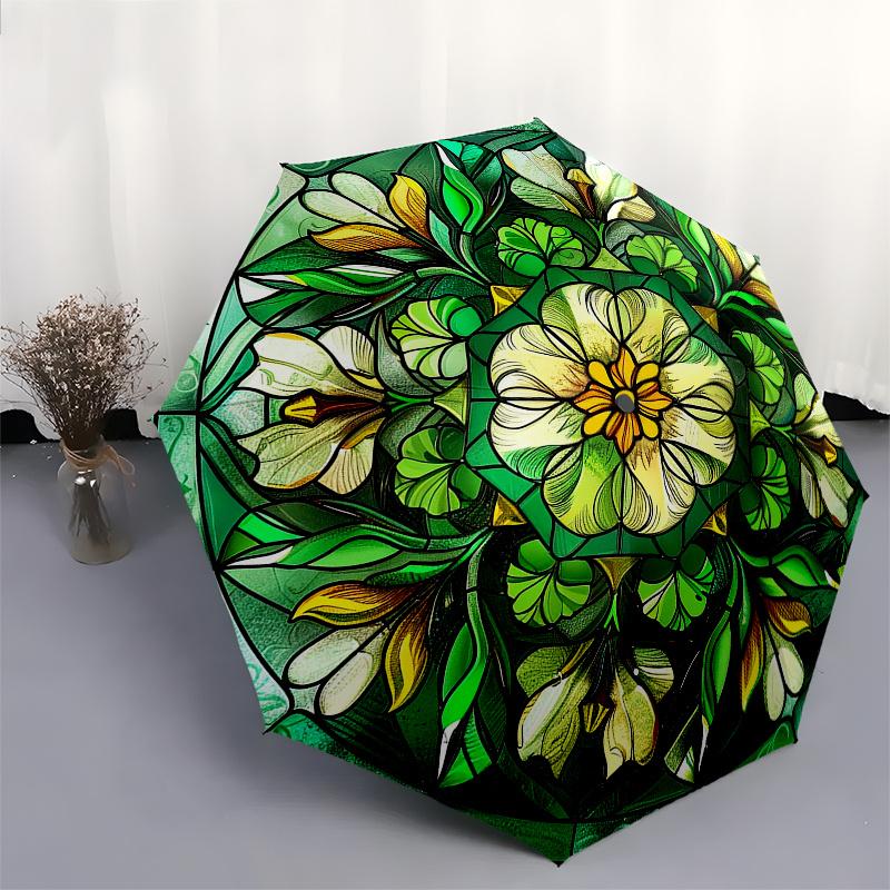 Stained Garden: Vibrant Floral Panel for Home DecorUmbrella, Portable 3-Fold Compact Umbrella for Men & Women Gift
