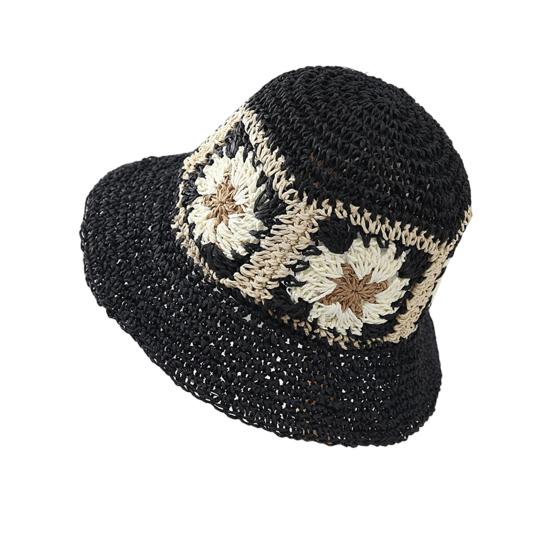Straw Hat Bohemian Floral Pattern Foldable Beach Hat Wide Brim Hollow Design Bucket Hat Breathable Summer Accessory