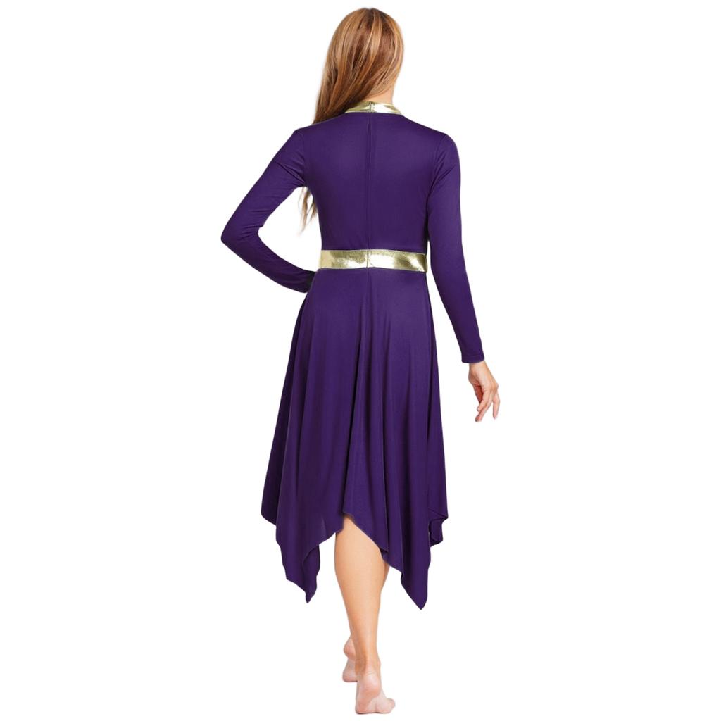 Womens Metallic Patchwork Worship Praise Dress Long Sleeve Irregular Hem Tunic Liturgical Lyrical Dance Costume