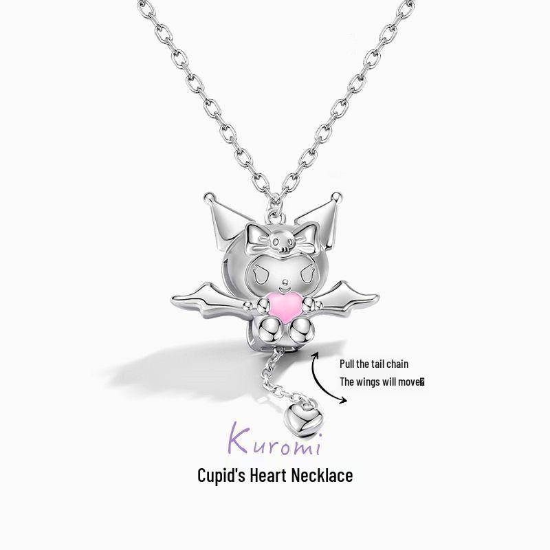 Kuromi Cupid's Heart Necklace for Women: Sweet Cartoon Style with Wings Chain