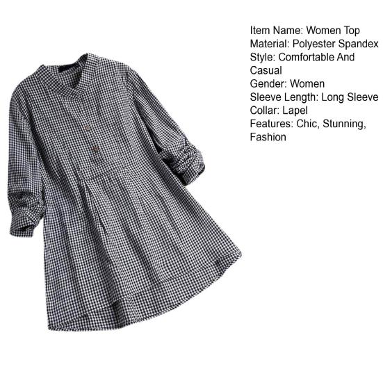 Hauts Tuniques à Carreaux Grande Taille pour Femmes Décontractés Boutonnés Revers Amples Fluides Manches Longues Plissés T-shirts