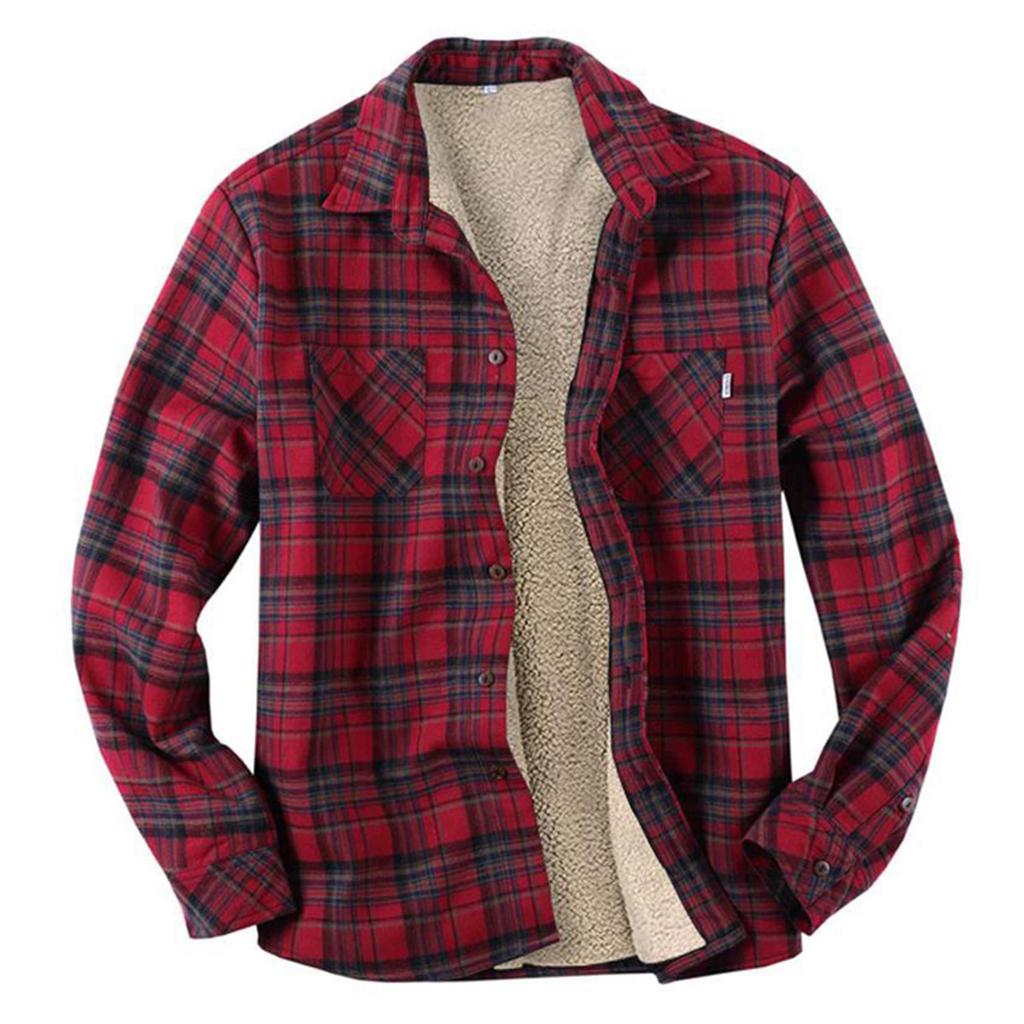 Men's Plush Casual Fashion Plaid Shirt Loose Lapel Long Sleeve Jacket