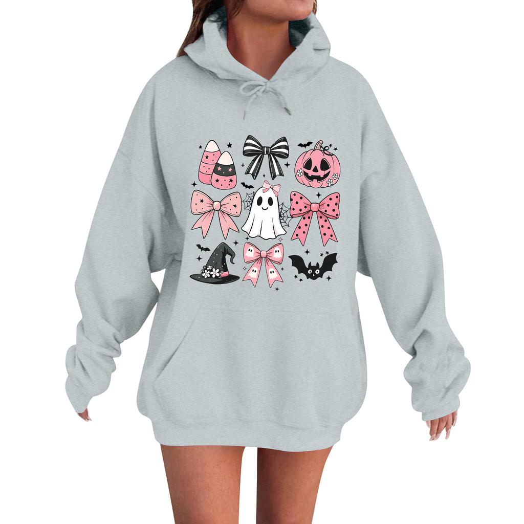 Women's Casual Fashion Comfortable Round Neck With Hood Long Sleeve Halloween Print Warm Sweatshirt