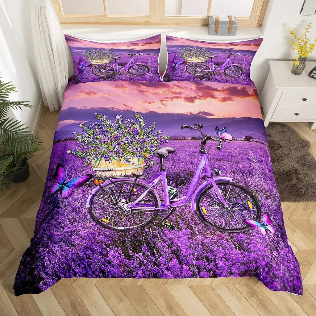Girls Butterfly Duvet Cover Set Kids Floral Bicycle Bedding Set Fantasy Animals Comforter Cover Flower Bike Spring Bedclothes