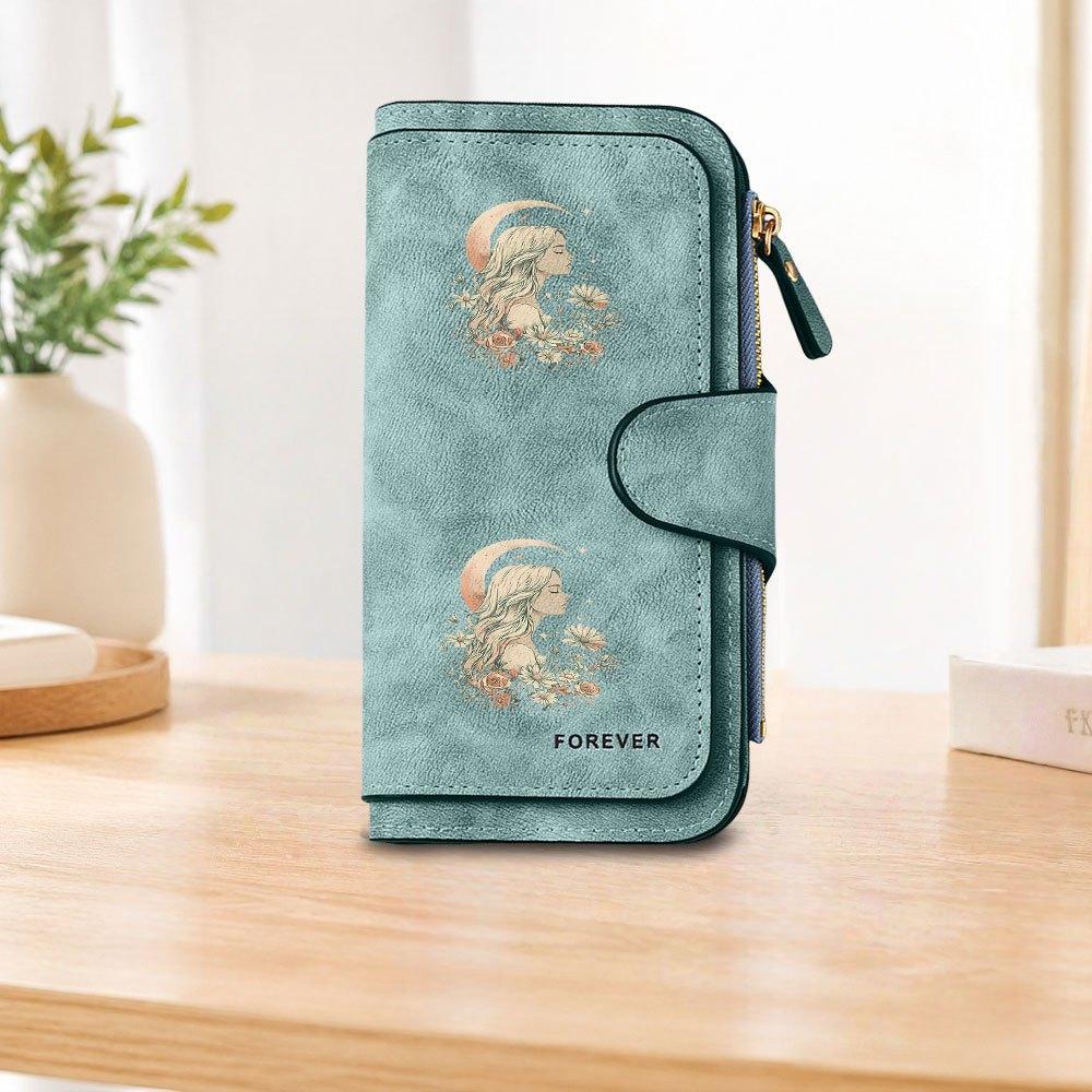 Moon Girl Floral Long Zipper Wallet, Large Capacity Card Holder, Unisex Clutch Bag, Fashionable Zipper Coin Purse, Suitable for Daily Use, A Great