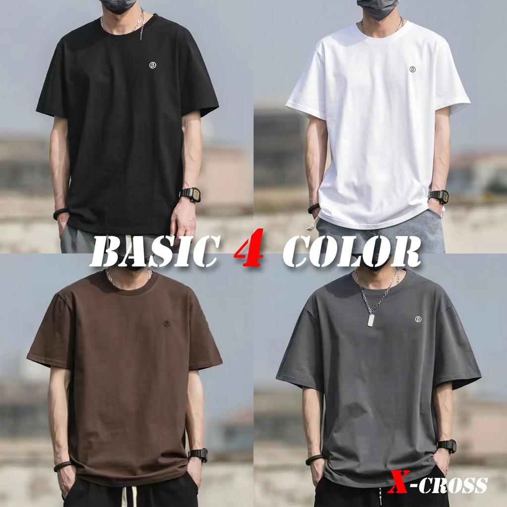 Short Sleeve Solid Short Sleeve Simple Crew Korean Size 50s X-cross Men's T-Shirt, Black, Color, Sportswear, Cotton/Polyester, One-Point Design,