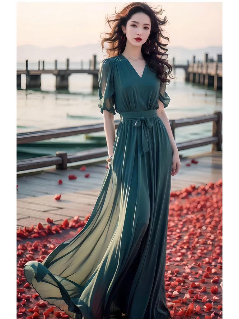 Stylish Green Chiffon Ankle-Length Beach Dress - 2025 Summer Collection
