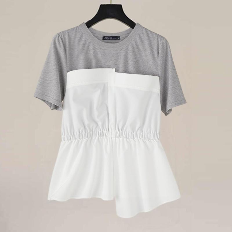 

ZANZEA Женские повседневные футболки с круглым вырезом, коротким рукавом, пэчворком и неровным низом серый