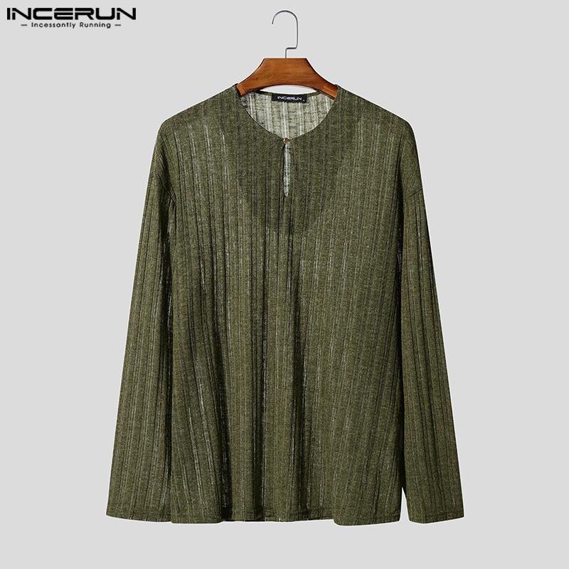 INCERUN Men Crew Neck Long Sleeve Semi-Sheer Thin Casual Tops T-shirts