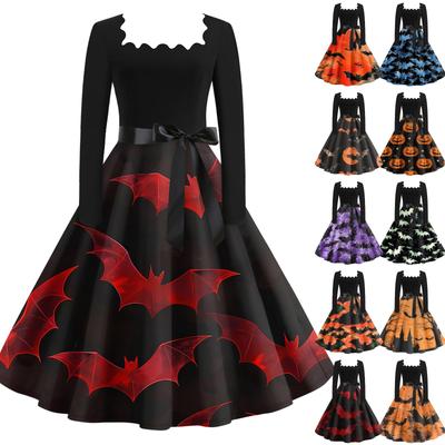 Halloween Print Flare Dress For Women Long Sleeve Dress Hollow Party Casual Dresses