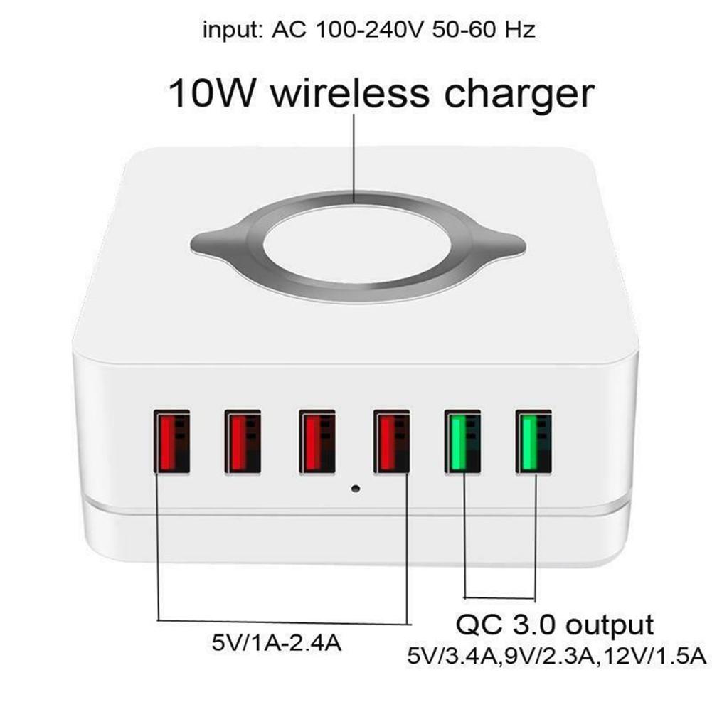 6-Port USB Qi Fast Wireless Charger Dual Quick Charge QC3.0 Charging Station