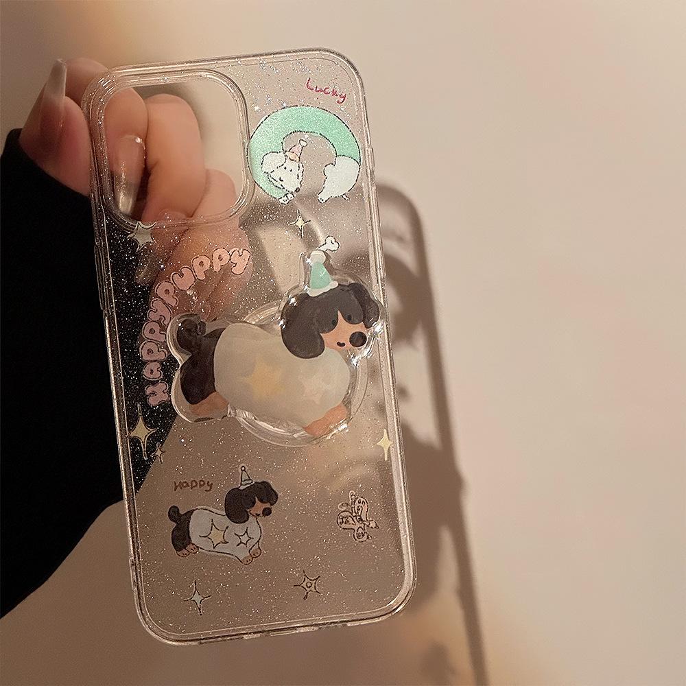 Japanese and Korean Ins Butterfly Dachshund Dog Stand Apple 16 Mobile Phone Case 15 Flash Powder Iphone14pro Max Suitable for 11