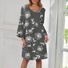 Women's  Fashion V-neck Solid Color Large Size Loose Long Large Swing 3/4 Sleeved Dress