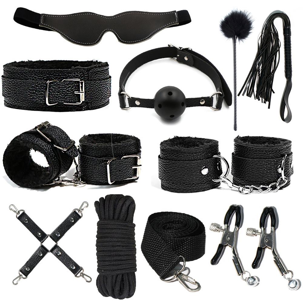 Sex Toys Kits for Couples PU Sex Bondage Set Handcuffs Sex Games Whip Gag Shackles Collar Fluff Stick Nipple Clamp For