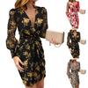 Tief ausgeschnittenes Netz-Langarm-Kleid mit hoher Taille, Hüftumschlag, Chiffon, lebendiger Blumendruck, Taillenknoten, Bodycon-Kleid, Partykleidung