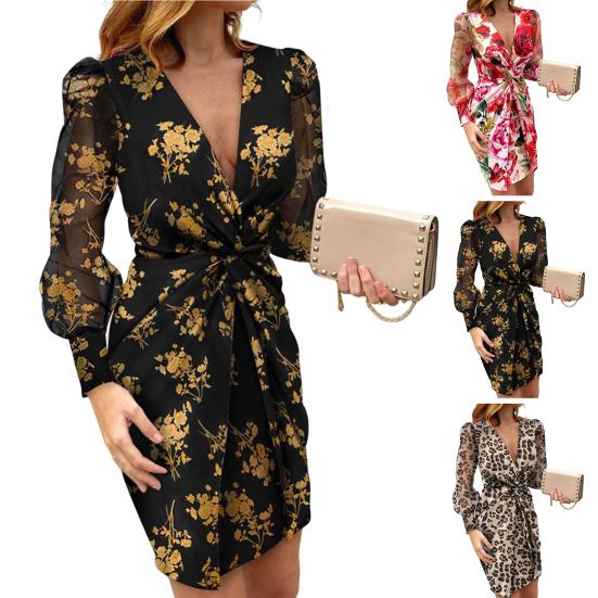 Tief ausgeschnittenes Netz-Langarm-Kleid mit hoher Taille, Hüftumschlag, Chiffon, lebendiger Blumendruck, Taillenknoten, Bodycon-Kleid, Partykleidung