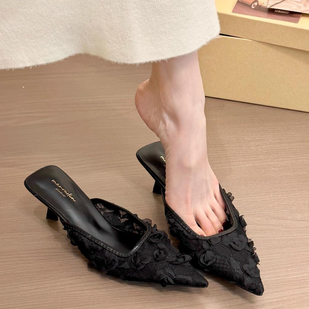 Womne's High Heel Slippers French Style Pointed High Heels Single Shoes Summer Women BaoTou Half-slippers Mules Slippers