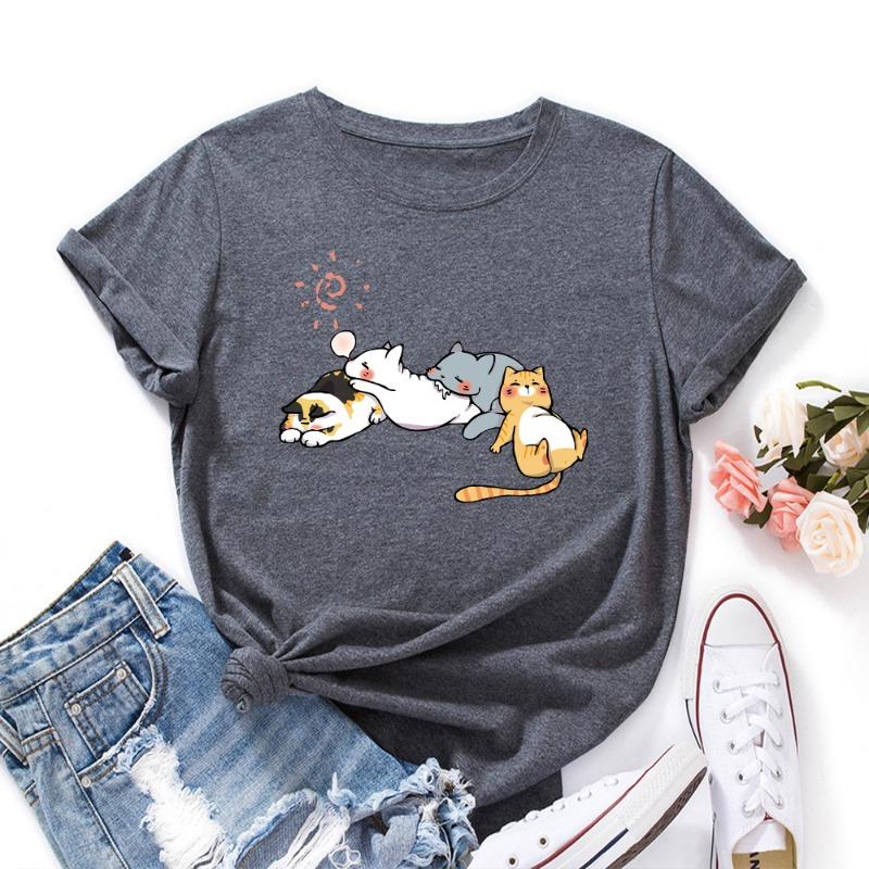 T-shirt estive da donna in cotone a maniche corte e girocollo ampio con stampa di gatto che dorme