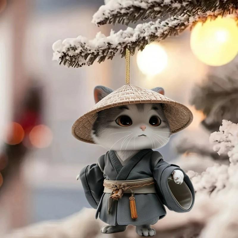 Cat Straw With Hat Acrylic Car Pendant For Christmas Party Decor Interior And