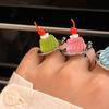 Creative Strawberry Mousse Cake Rings Jelly Pudding Ice Cream Cherry Fruit Ring Exaggerated Vintage Chunky Girls Finger Rings