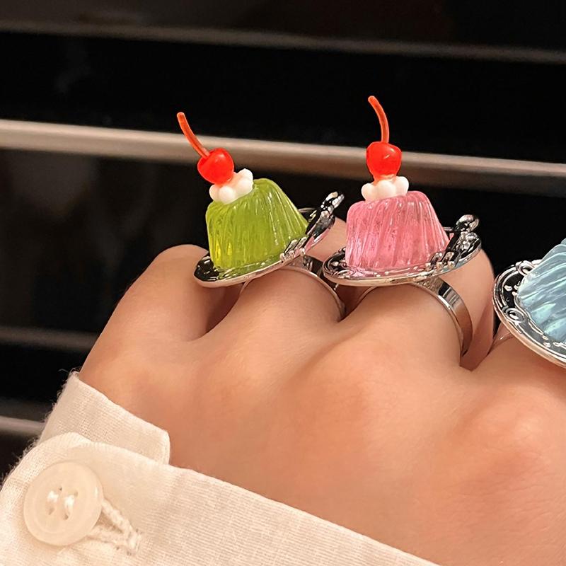 Creative Strawberry Mousse Cake Rings Jelly Pudding Ice Cream Cherry Fruit Ring Exaggerated Vintage Chunky Girls Finger Rings