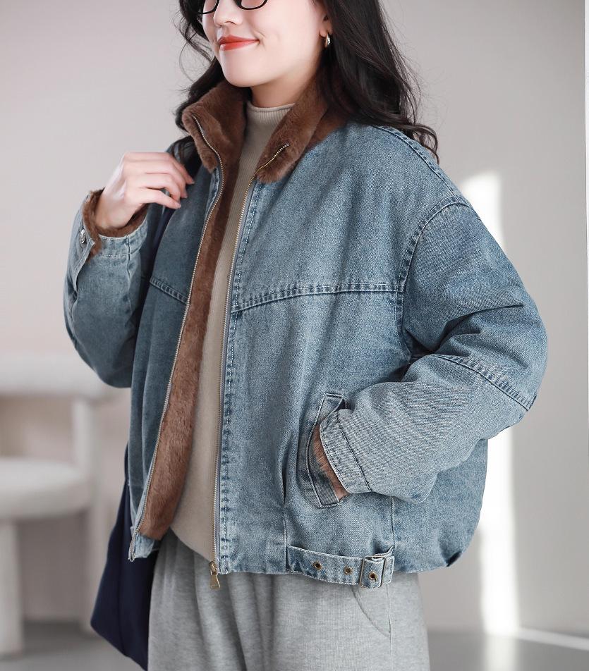 Korean Style Plush Lined Denim Jacket with Stand Collar - Thick, Warm, and Casual Winter Wear