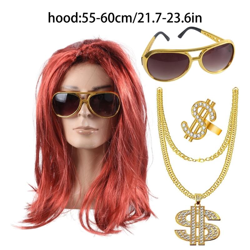 Men's 80s Disco Costume Accessories Set Women Hippie Costume Set Curly Wig Necklace Sunglasses for Disco Theme Party