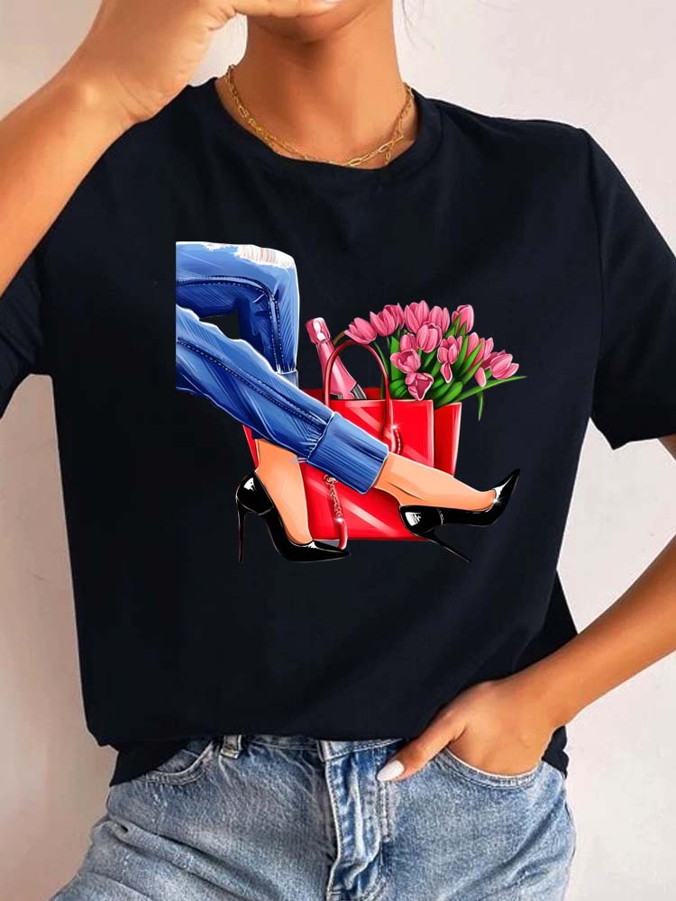Maycaur New Harajuku Women T Shirt Cartoon High Heel Graphic Printed White Ladies Tshirt Casual Women Shirt Funny Tee Shirt S