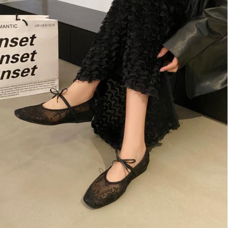 Mesh Lace Inner Heightening Women's Shoes 2025 Summer New Sexy Square Head Shallow Breathable Ballet Shoes Bow Flat Shoes