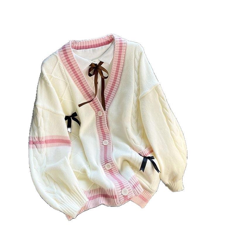 Korean Style Loose Knit Cardigan with Bow Knot - Autumn/Winter 2026